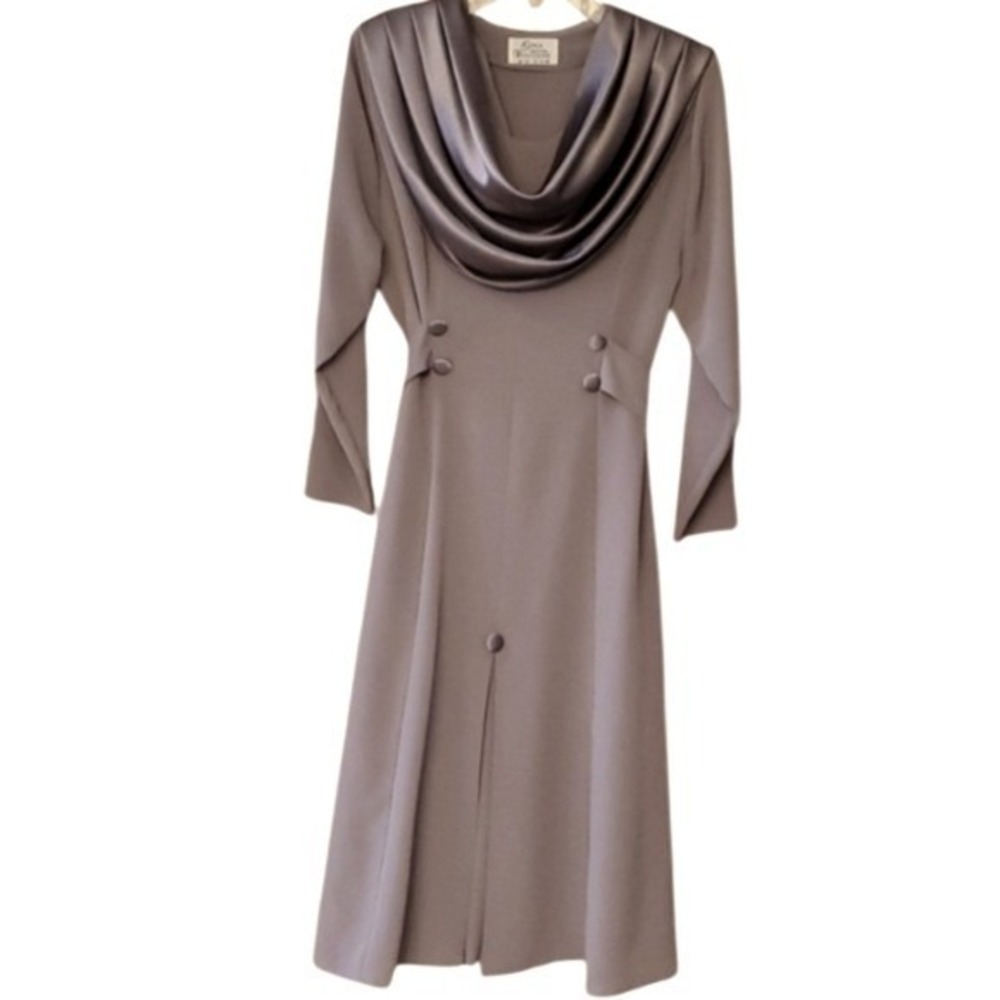 Gina Bacconi‎ Elegant Gray Silver Cowl Neck Vintage Look Midi Dress Size Large